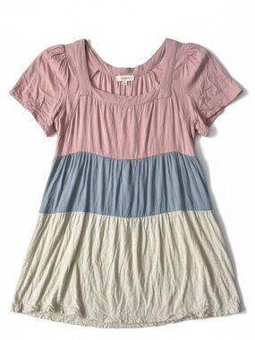 Umgee Boho square Neck Color block Tiered Linen Blend  Sleeve Dress Womens XL